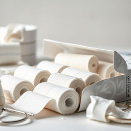 A detailed close-up view of a pack of Plaster of Paris bandages, showcasing the texture and patterns of the bandages