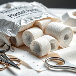 A detailed close-up view of a pack of Plaster of Paris bandages, showcasing the texture and patterns of the bandages