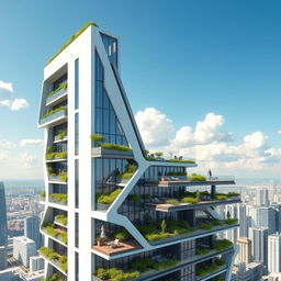 A conceptual design of a futuristic high-rise structure, showcasing sleek, modern architecture with glass facades, green terraces, and innovative sustainable elements