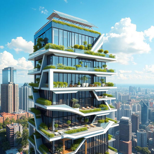 A conceptual design of a futuristic high-rise structure, showcasing sleek, modern architecture with glass facades, green terraces, and innovative sustainable elements