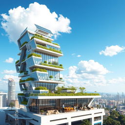 A conceptual design of a futuristic high-rise structure, showcasing sleek, modern architecture with glass facades, green terraces, and innovative sustainable elements