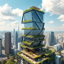 A conceptual design of a futuristic high-rise structure, showcasing sleek, modern architecture with glass facades, green terraces, and innovative sustainable elements