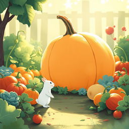 In the soft light of the morning, a small white rabbit stands in front of a large pumpkin in a colorful vegetable garden