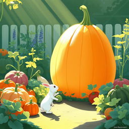 In the soft light of the morning, a small white rabbit stands in front of a large pumpkin in a colorful vegetable garden