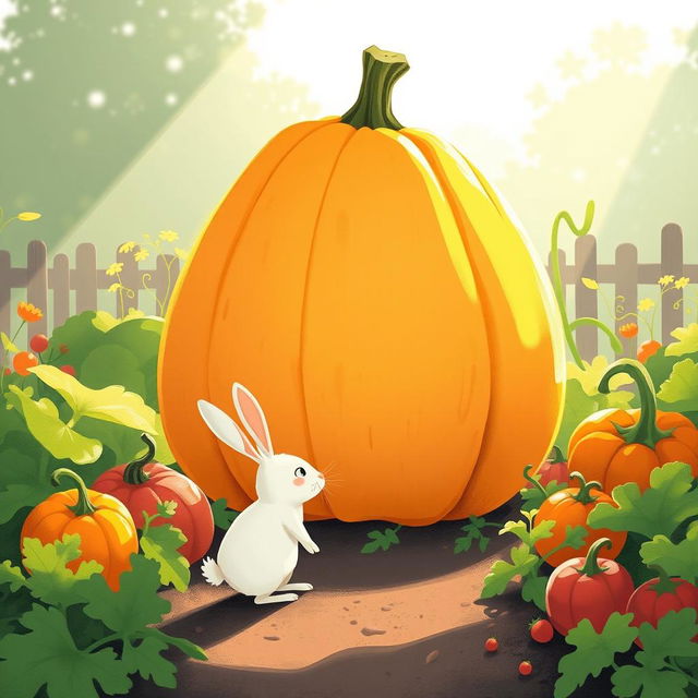 In the soft light of the morning, a small white rabbit stands in front of a large pumpkin in a colorful vegetable garden