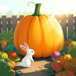 In the soft light of the morning, a small white rabbit stands in front of a large pumpkin in a colorful vegetable garden