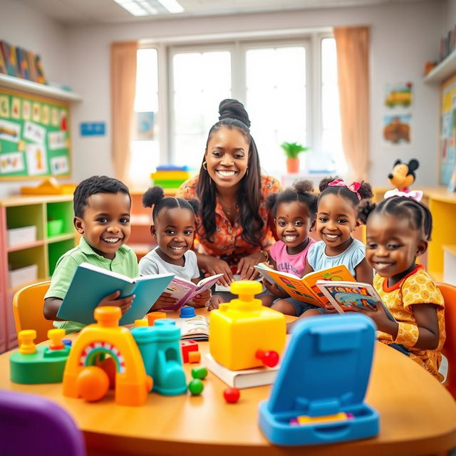 A colorful kindergarten classroom filled with joy, depicting five African children engaged in playful learning activities