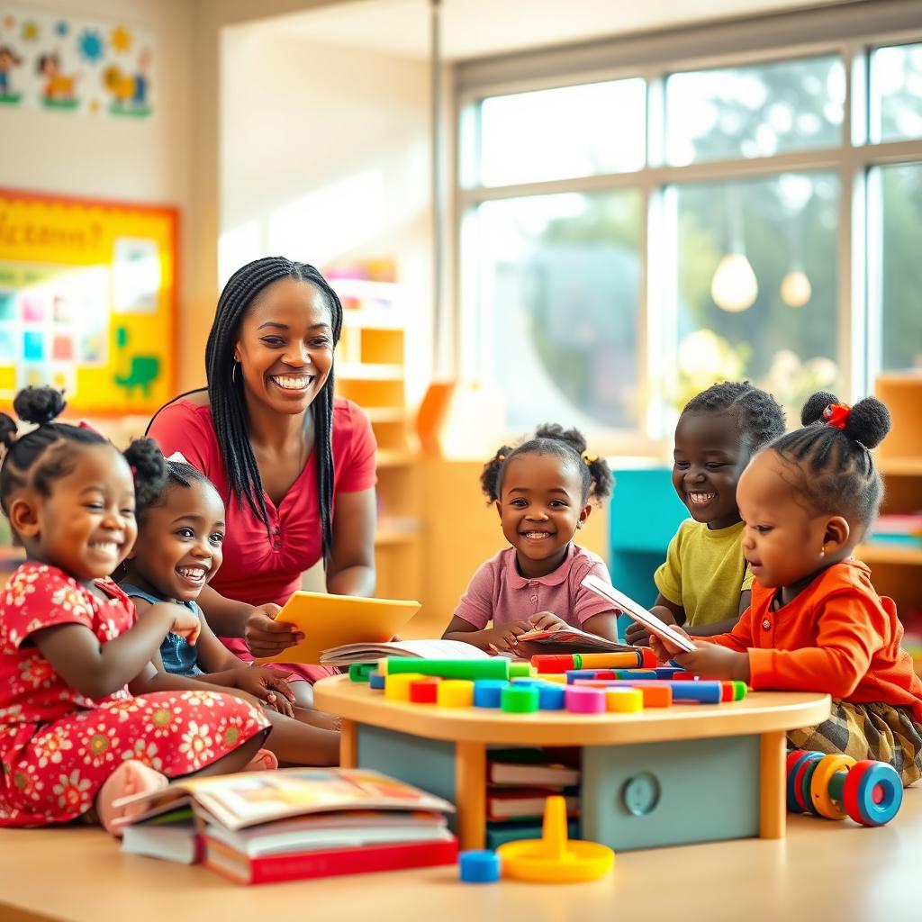 A colorful kindergarten classroom filled with joy, depicting five African children engaged in playful learning activities