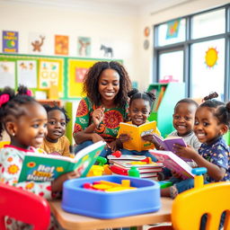 A colorful kindergarten classroom filled with joy, depicting five African children engaged in playful learning activities