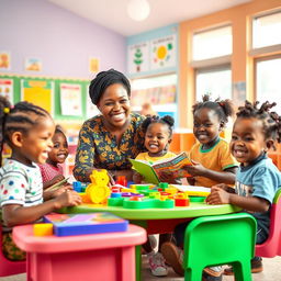 A colorful kindergarten classroom filled with joy, depicting five African children engaged in playful learning activities