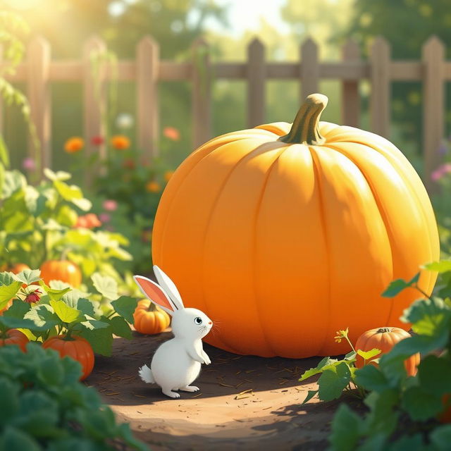 In the gentle light of a bright morning, a small white rabbit stands in front of a large, round pumpkin in a vibrant vegetable garden