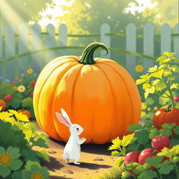 In the gentle light of a bright morning, a small white rabbit stands in front of a large, round pumpkin in a vibrant vegetable garden