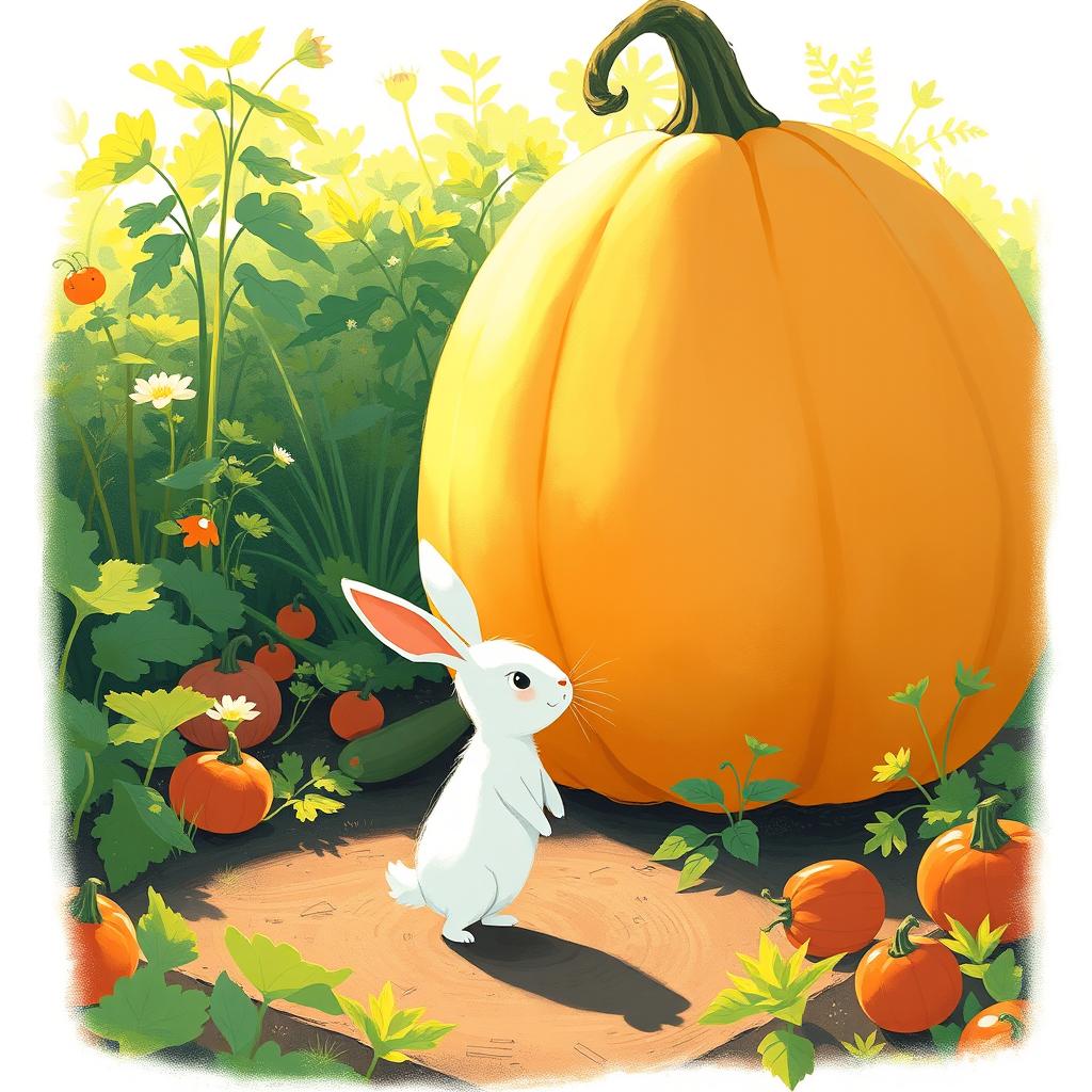 In the gentle light of a bright morning, a small white rabbit stands in front of a large, round pumpkin in a vibrant vegetable garden