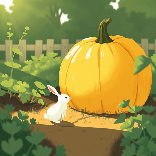 In a serene morning scene, a small white rabbit stands in front of a large yellow pumpkin in a lively vegetable garden