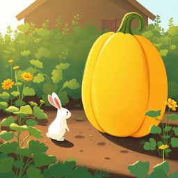 In a serene morning scene, a small white rabbit stands in front of a large yellow pumpkin in a lively vegetable garden