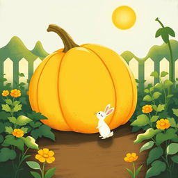 In a serene morning scene, a small white rabbit stands in front of a large yellow pumpkin in a lively vegetable garden