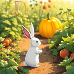 In the soft morning light of a vibrant vegetable garden, a small white rabbit stands alert, its gaze fixed on a large, bright yellow pumpkin in the distance