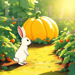 In the soft morning light of a vibrant vegetable garden, a small white rabbit stands alert, its gaze fixed on a large, bright yellow pumpkin in the distance