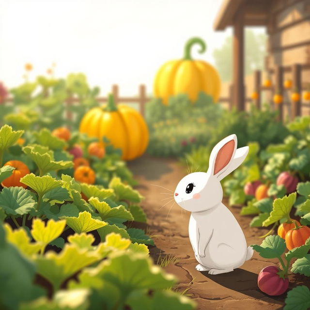 In the soft morning light of a vibrant vegetable garden, a small white rabbit stands alert, its gaze fixed on a large, bright yellow pumpkin in the distance