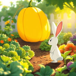 In the soft morning light of a vibrant vegetable garden, a small white rabbit stands alert, its gaze fixed on a large, bright yellow pumpkin in the distance