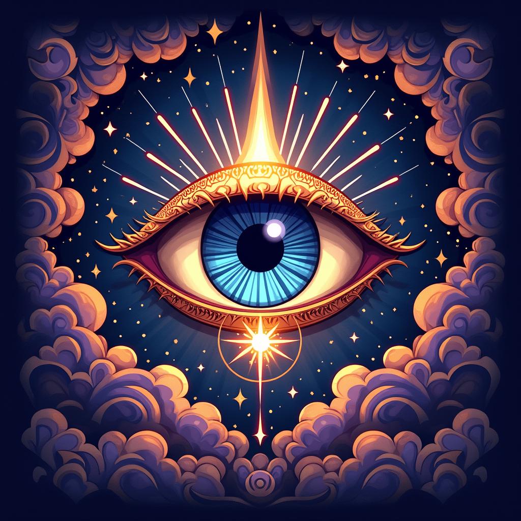 An illustrated all-seeing eye, stylized as a mystical symbol