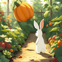 In the soft morning light of a lush vegetable garden, a small white rabbit stands attentively, spotting a large pumpkin in the distance