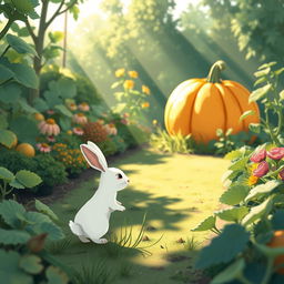 In the soft morning light of a lush vegetable garden, a small white rabbit stands attentively, spotting a large pumpkin in the distance