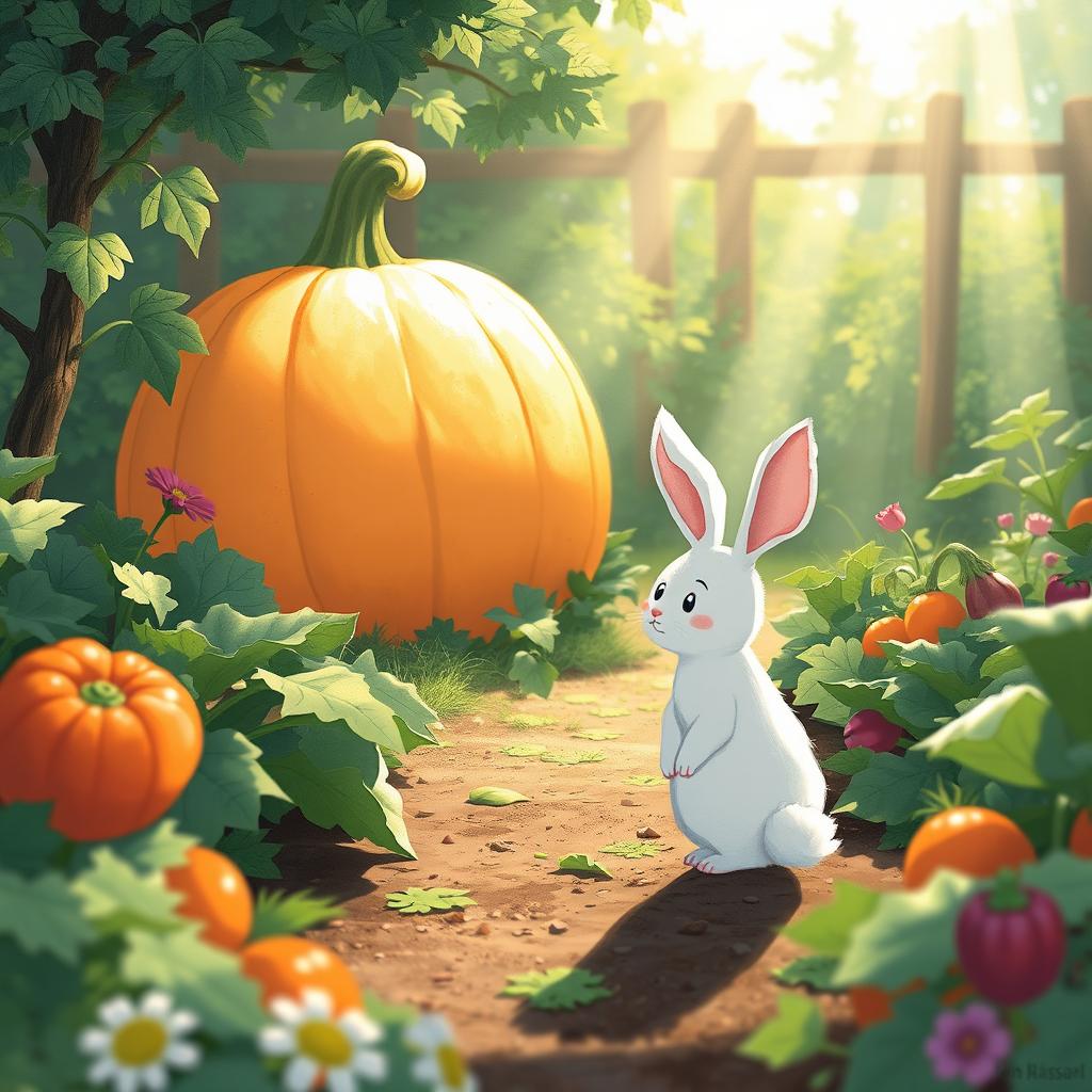 In the soft morning light of a lush vegetable garden, a small white rabbit stands attentively, spotting a large pumpkin in the distance