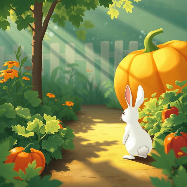 In the soft morning light of a lush vegetable garden, a small white rabbit stands attentively, spotting a large pumpkin in the distance