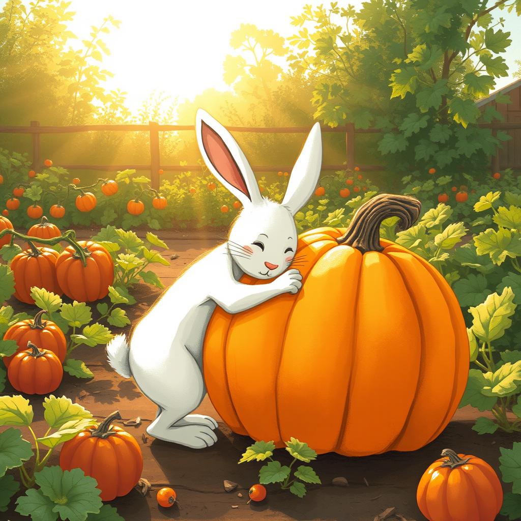 In the warm morning light of a bustling vegetable garden, a large white rabbit is trying its hardest to hug a big, stubborn pumpkin sitting firmly on the ground