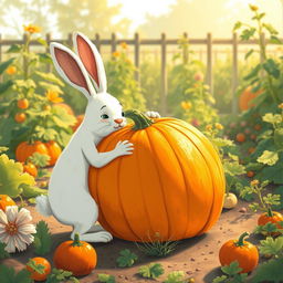 In the warm morning light of a bustling vegetable garden, a large white rabbit is trying its hardest to hug a big, stubborn pumpkin sitting firmly on the ground