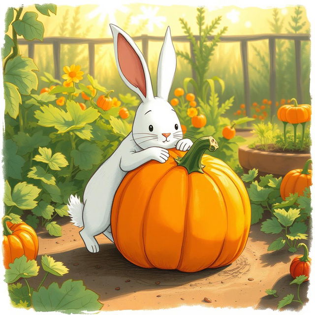 In the warm morning light of a bustling vegetable garden, a large white rabbit is trying its hardest to hug a big, stubborn pumpkin sitting firmly on the ground