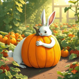 In the warm morning light of a bustling vegetable garden, a large white rabbit is trying its hardest to hug a big, stubborn pumpkin sitting firmly on the ground