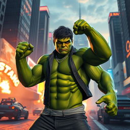 A vibrant and dynamic scene showcasing a CGI character in a high-energy environment inspired by the worlds of Grand Theft Auto and The Hulk