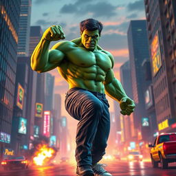 A vibrant and dynamic scene showcasing a CGI character in a high-energy environment inspired by the worlds of Grand Theft Auto and The Hulk