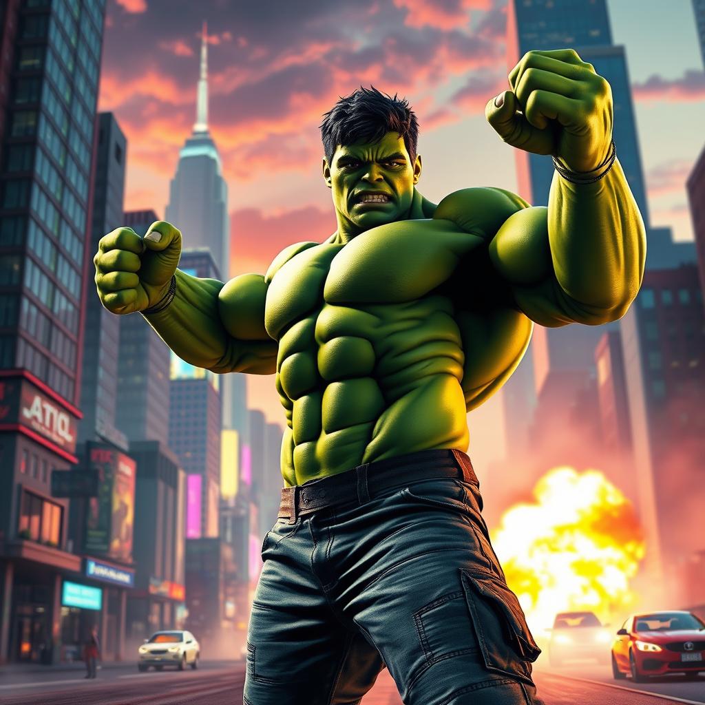 A vibrant and dynamic scene showcasing a CGI character in a high-energy environment inspired by the worlds of Grand Theft Auto and The Hulk