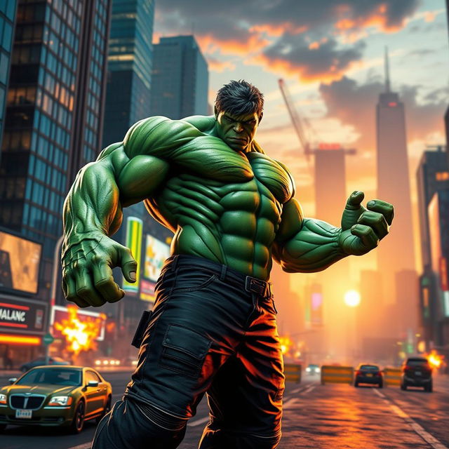 A vibrant and dynamic scene showcasing a CGI character in a high-energy environment inspired by the worlds of Grand Theft Auto and The Hulk