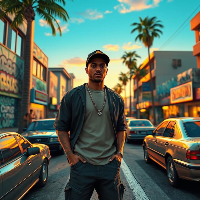 A vibrant and detailed scene of a bustling urban environment inspired by GTA, featuring a character model resembling CJ from GTA: San Andreas, dressed in stylish streetwear and baseball cap, standing confidently on a busy street filled with cars, graffiti-covered buildings, and palm trees