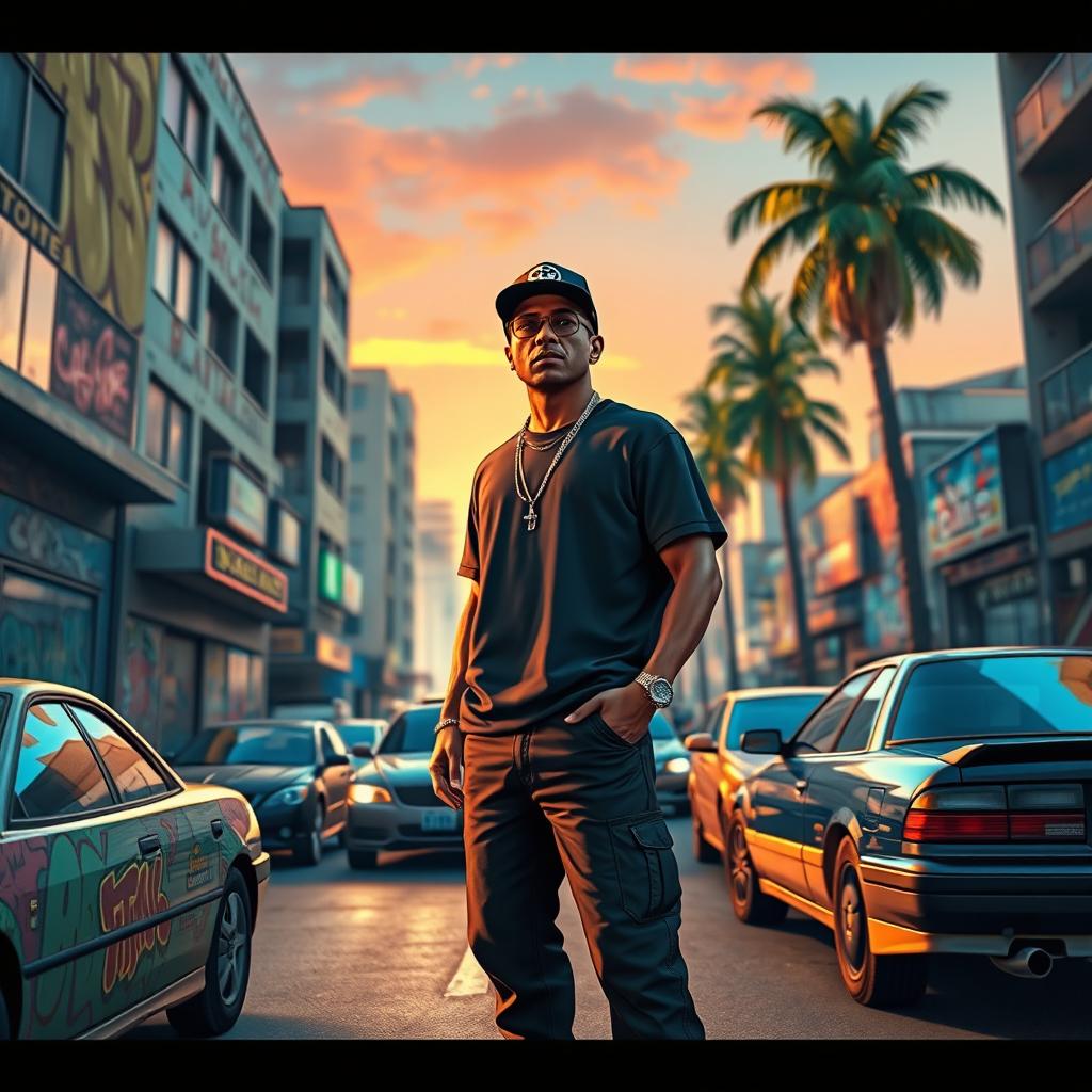 A vibrant and detailed scene of a bustling urban environment inspired by GTA, featuring a character model resembling CJ from GTA: San Andreas, dressed in stylish streetwear and baseball cap, standing confidently on a busy street filled with cars, graffiti-covered buildings, and palm trees