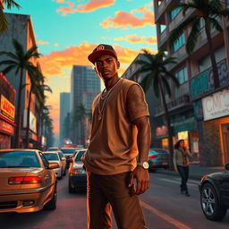A vibrant and detailed scene of a bustling urban environment inspired by GTA, featuring a character model resembling CJ from GTA: San Andreas, dressed in stylish streetwear and baseball cap, standing confidently on a busy street filled with cars, graffiti-covered buildings, and palm trees