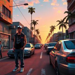 A vibrant and detailed scene of a bustling urban environment inspired by GTA, featuring a character model resembling CJ from GTA: San Andreas, dressed in stylish streetwear and baseball cap, standing confidently on a busy street filled with cars, graffiti-covered buildings, and palm trees