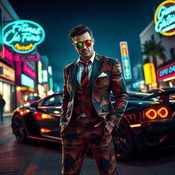 A dynamic scene depicting a fictional character resembling a flashy, stylish gangster in the vibrant, chaotic world of Grand Theft Auto