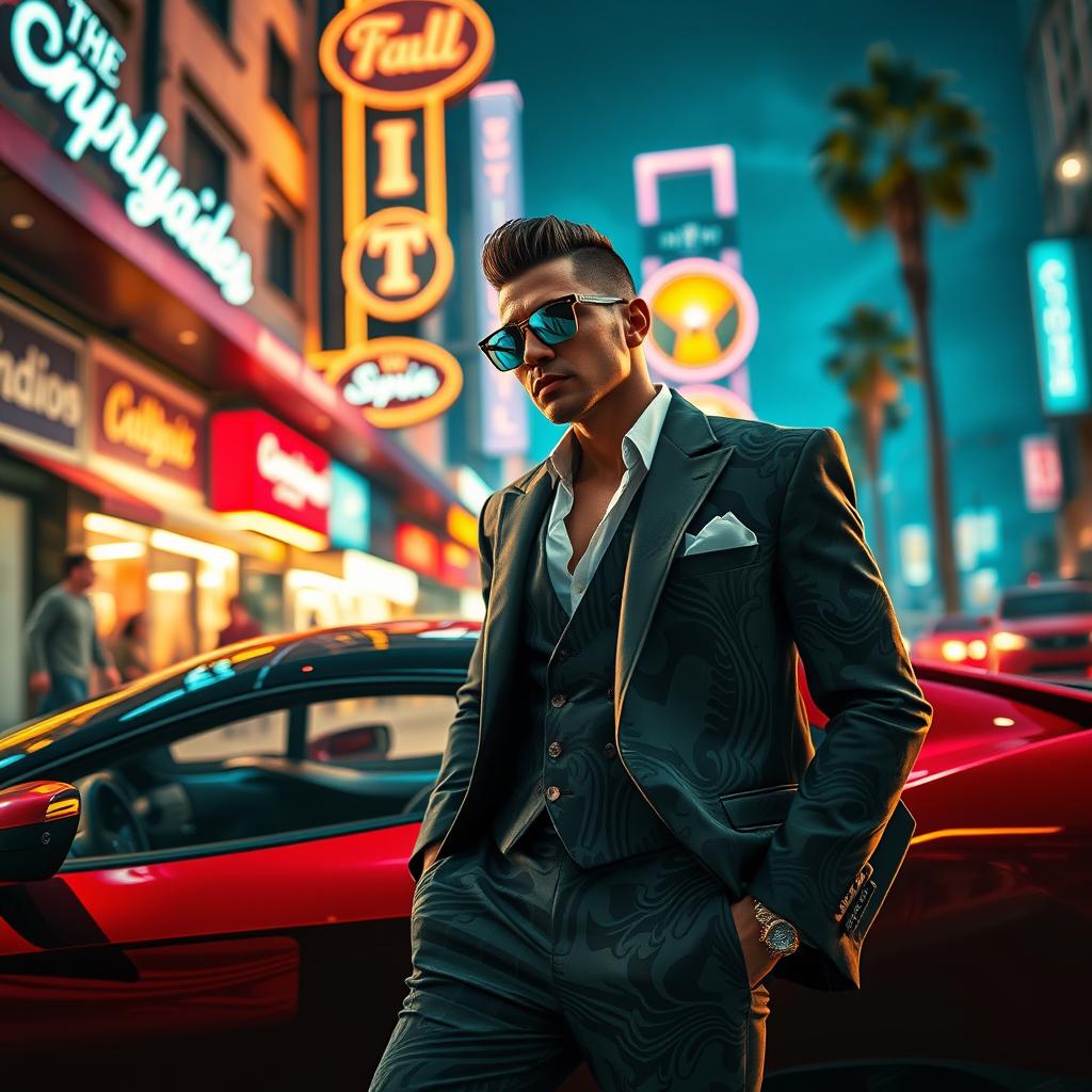 A dynamic scene depicting a fictional character resembling a flashy, stylish gangster in the vibrant, chaotic world of Grand Theft Auto