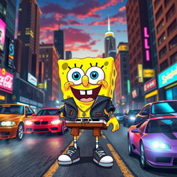A vibrant, dynamic scene featuring a cartoon character inspired by Spongebob Squarepants styled in a Grand Theft Auto (GTA) setting