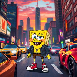 A vibrant, dynamic scene featuring a cartoon character inspired by Spongebob Squarepants styled in a Grand Theft Auto (GTA) setting