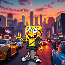 A vibrant, dynamic scene featuring a cartoon character inspired by Spongebob Squarepants styled in a Grand Theft Auto (GTA) setting
