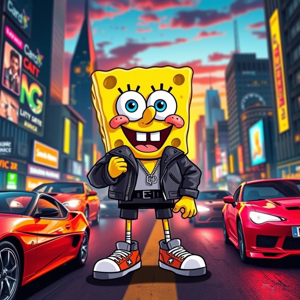 A vibrant, dynamic scene featuring a cartoon character inspired by Spongebob Squarepants styled in a Grand Theft Auto (GTA) setting