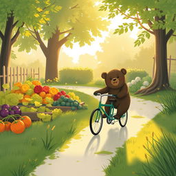 In the gentle morning light beside a vegetable garden, a small bear is joyfully riding a bicycle along a quaint path