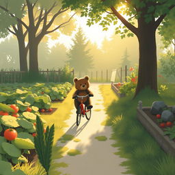 In the gentle morning light beside a vegetable garden, a small bear is joyfully riding a bicycle along a quaint path