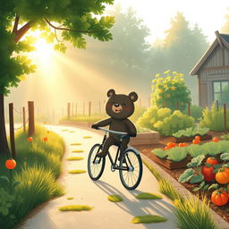 In the gentle morning light beside a vegetable garden, a small bear is joyfully riding a bicycle along a quaint path